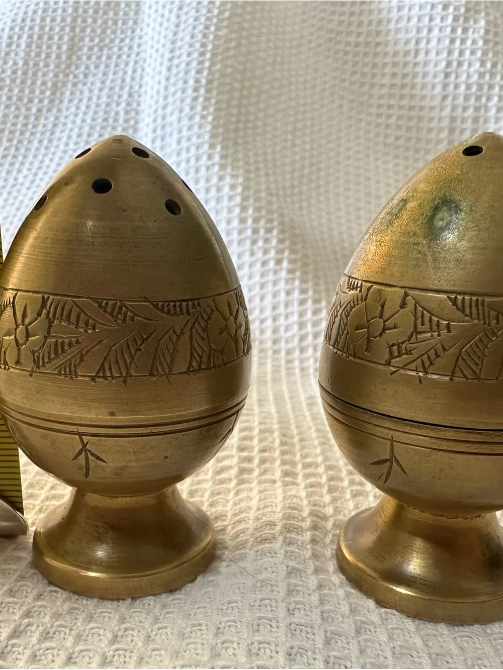 Vintage Hand-Etched Brass Egg Shaker Set - Peshawar Pakistan - Ganibeg Signed